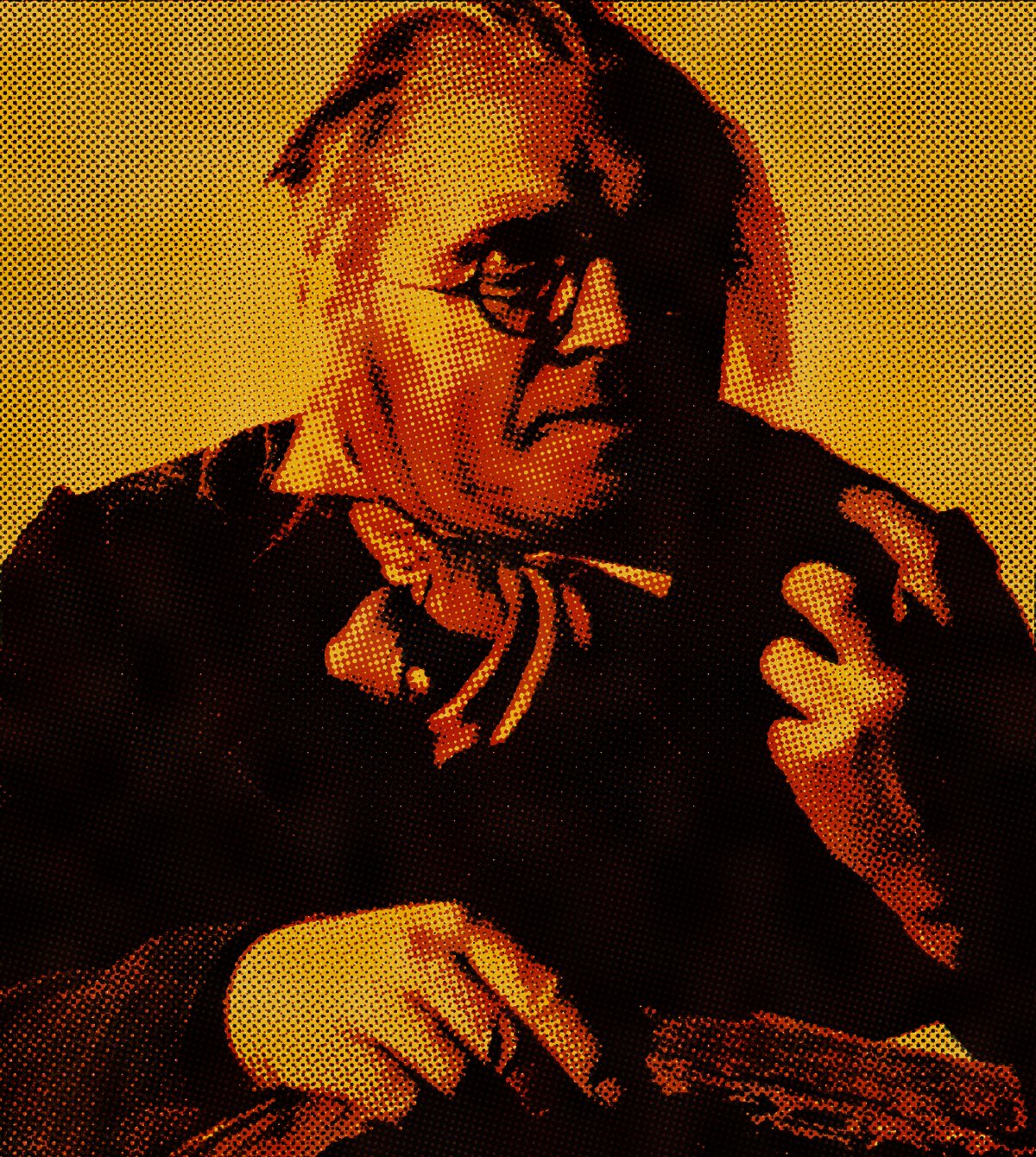 Halftone cover portrait of a staring old showman in round spectacles.