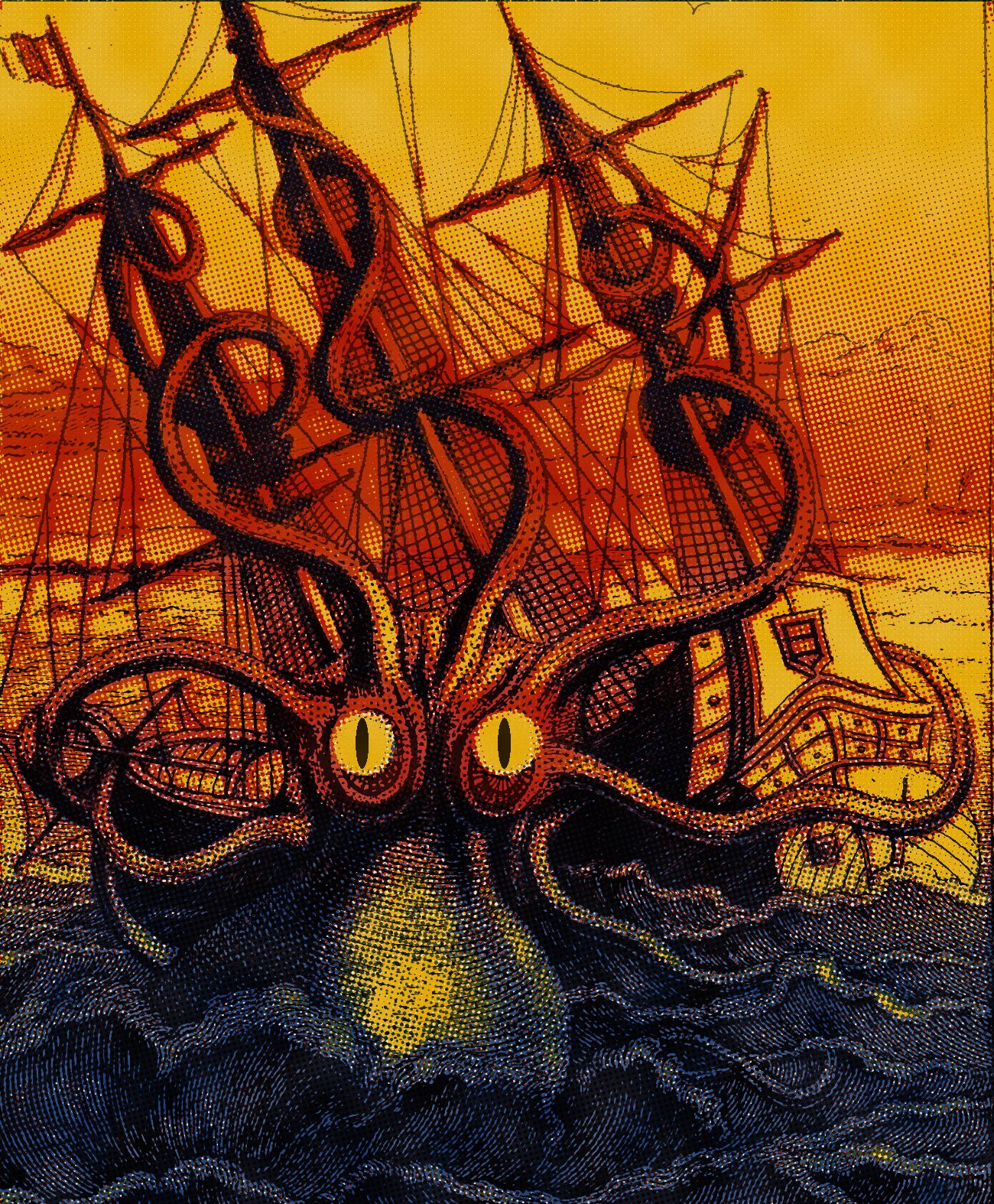 Halftone cover painting: a colossal octopus with burning yellow eyes drags a sailing ship under the sea.