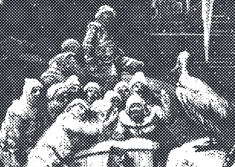 A black halftone of the Mariner’s crew gathered beside an albatross