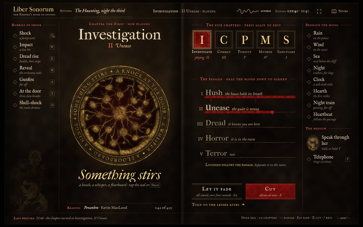 Liber Sonorum (black grimoire), built by Opus 5.5, Investigate state on desktop